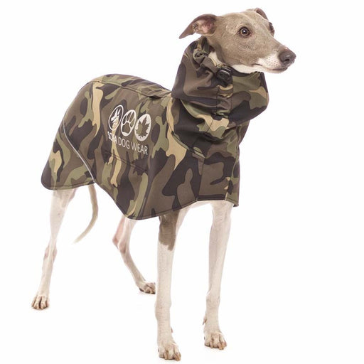 Whippet mit Wind und Regenmantel Green Camo, Manuel Vol4, von Sofa Dog Wear