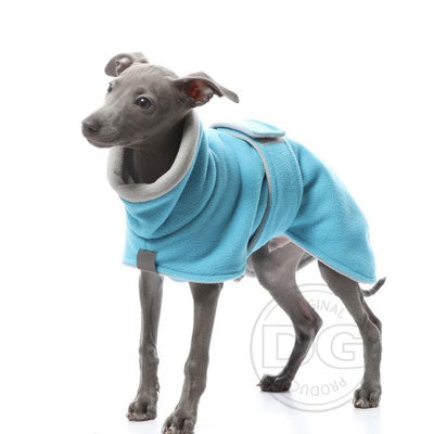 Whippet-Welpe, mit türkis-weißer Soft Fleece Jacke, von DG Dog Gear