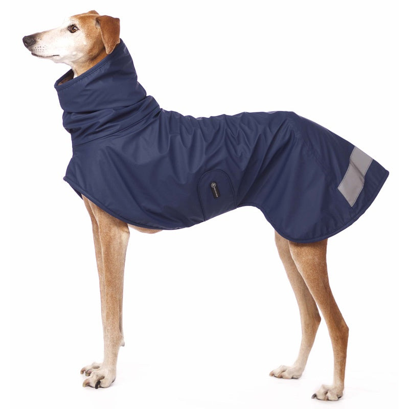 Greyhound, mit blauem Regenmantel von Sofa Dog Wear