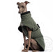 Windspiel, mit olivgrün-schwarzer Soft Fleece Jacke, von DG Dog Gear